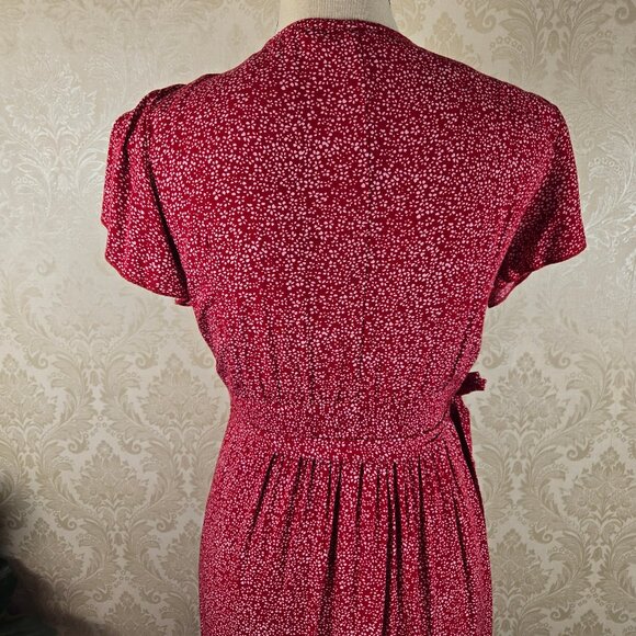 Unbranded Size Small Red White Floral Print Wrap Dress Self Tie Belt Ruffle Hem - Picture 9 of 15